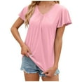 thumbnail image 1 of Camiseta de manga corta con cuello en V y pliegues para mujer, corte holgado, color liso, para uso informal o en la playa, 1 of 5
