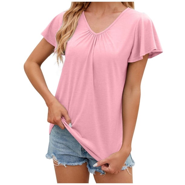 Camiseta de manga corta con cuello en V y pliegues para mujer, corte holgado, color liso, para uso informal o en la playa