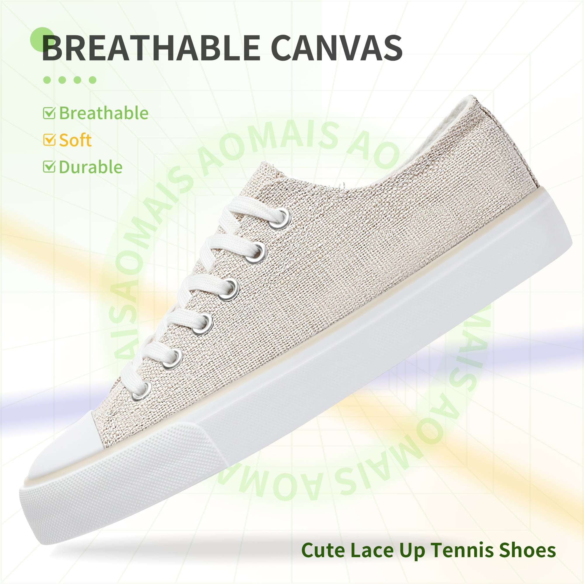AOMAIS Womens Canvas Fashion Sneakers Classic Low Top Fabric Shoes Casual Walking Canvas Flats Cute Lace Up Tennis Shoes for Lady(Beige US5)