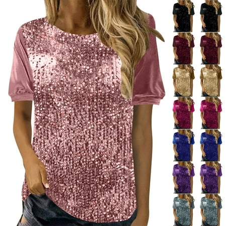 Jinhomg Sequin Tops for Women Sparkly Glitter Velvet Patchwork Party Shirts Plus Size Casual Short Sleeve Crew Neck Blouse Holiday Cocktail Party Night Wear Gold L
