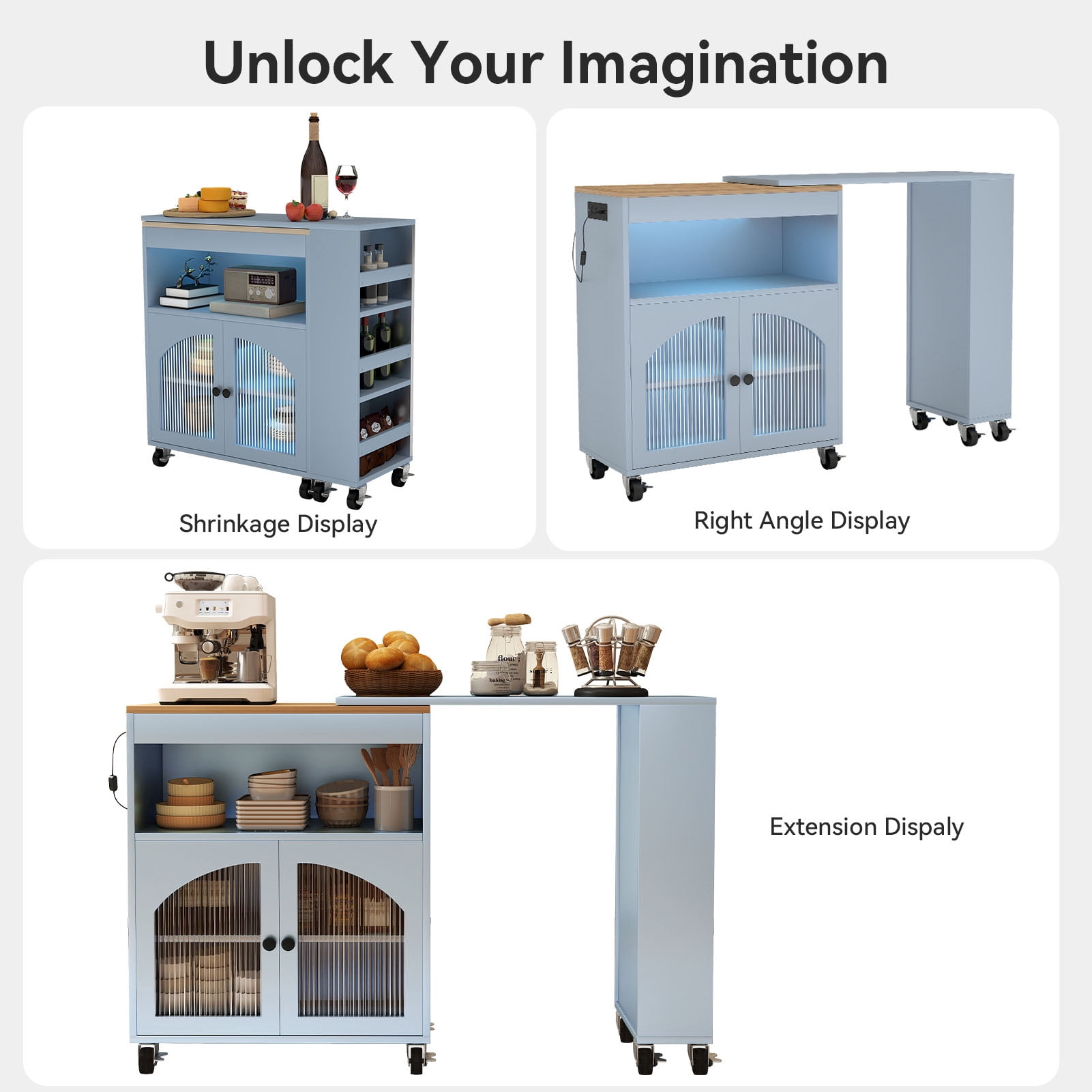 Kitchen Island, 2 Fluted Glass Doors MDF Lockable Wheels LED Light 2 USB Ports Kitchen Storage Cart  For Apartment