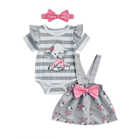 

TheFound 3Pcs Newborn Baby Girls Summer Outfits Elephant Romper Bodysuit and Suspender Skirt+Headband Set