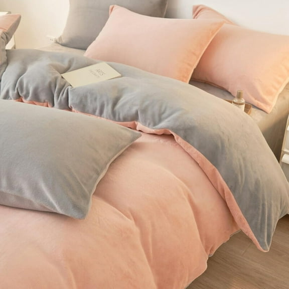 Winter Quilt Cover Duvet Cover Set Bed Grey and Pink Velvet Flannel Thick Bedding Sets with Zipper Closure Fleecy Warm Cozy Twin Size