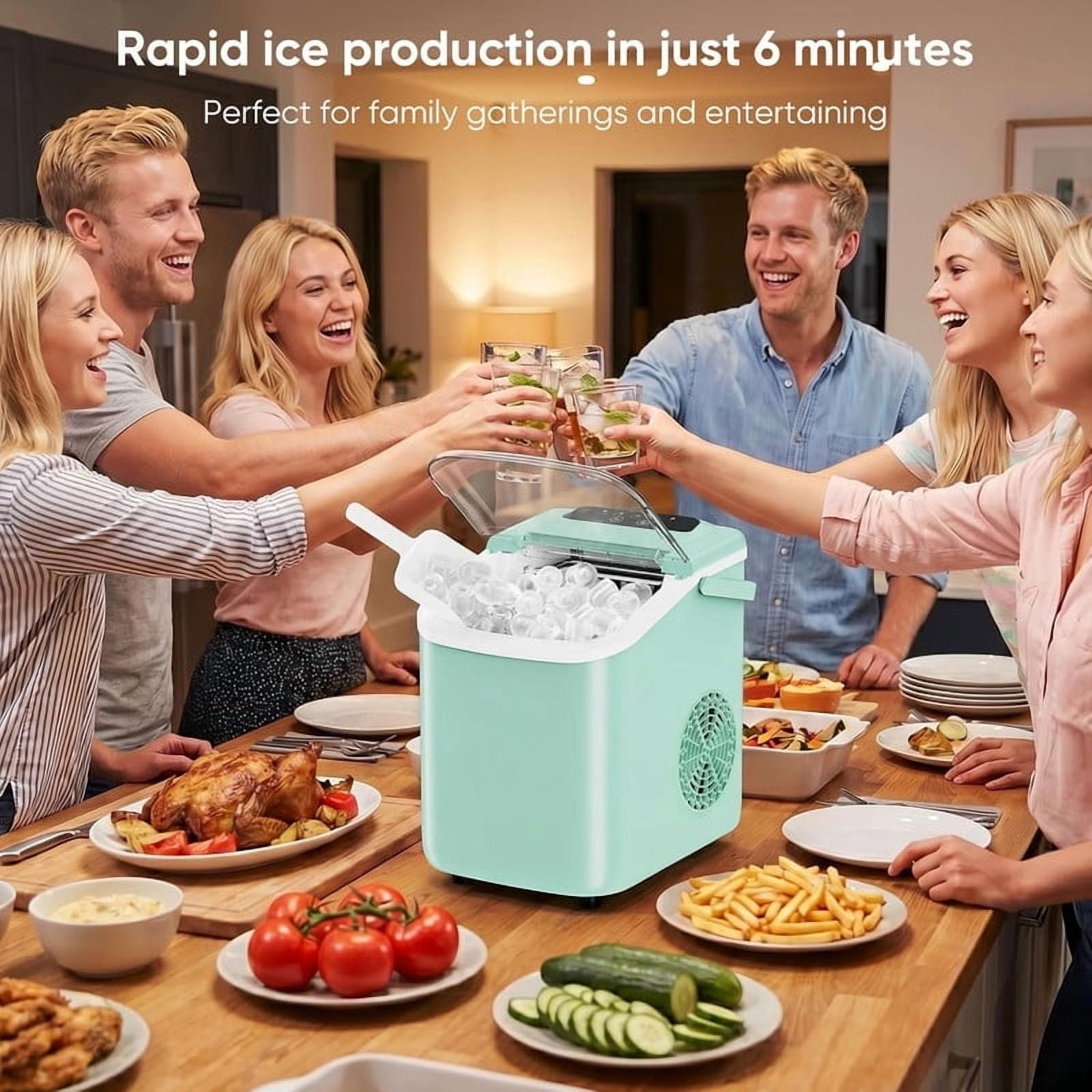 Simenmax Ice Maker Countertop – 26lbs Desktop ice maker with Handle for Home, Kitchen, Office, Outdoors, RV, Camping, Green