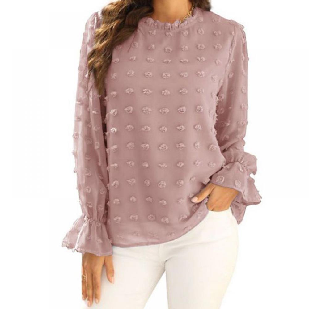 Womens Pink Blouse Long Sleeve Chiffon 