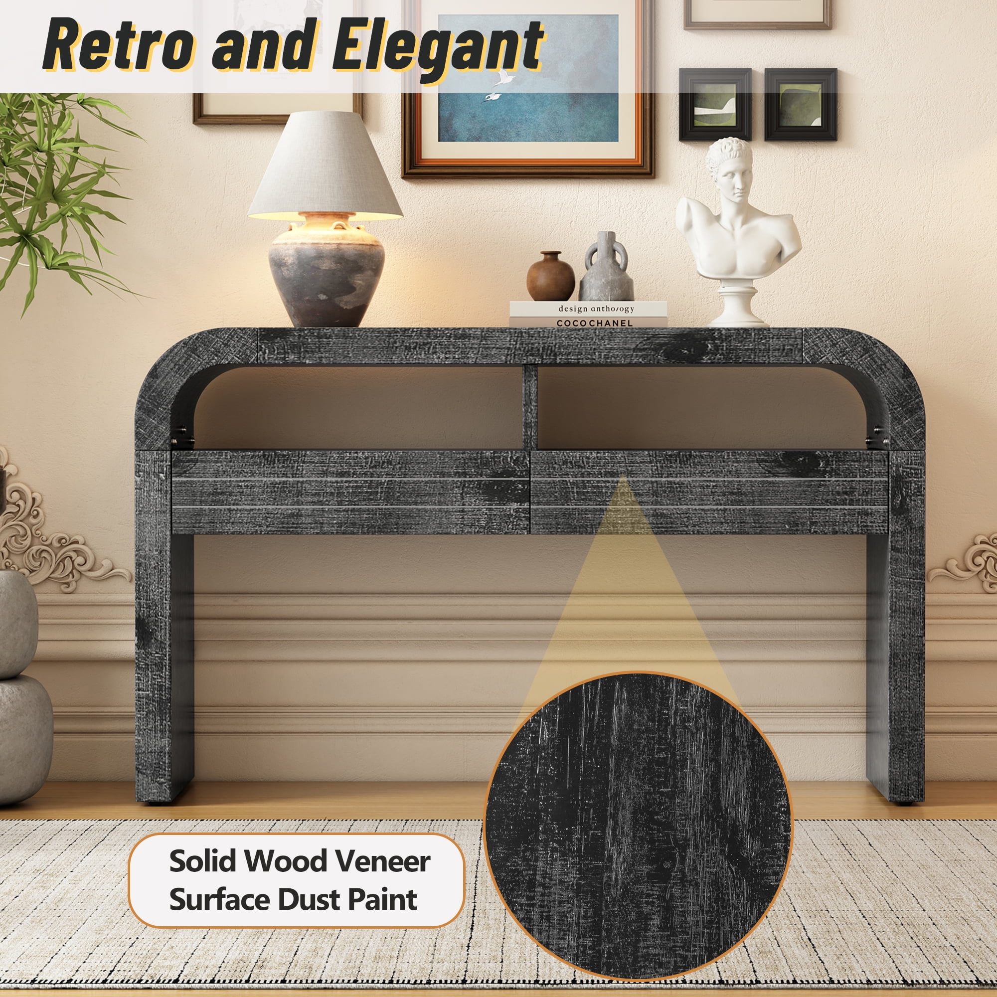 EUROCO 52" Curved Console Table,Retro Narrow Entryway Table Sofa Table with 2 Large Drawers and Open Storage Shelf for Living Room Entrance Hallway,Antique Black