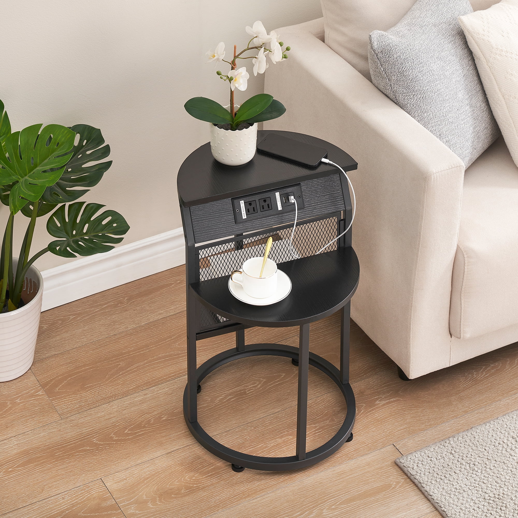 GymChoice Round End Table with Charging Station, Black Side Table with