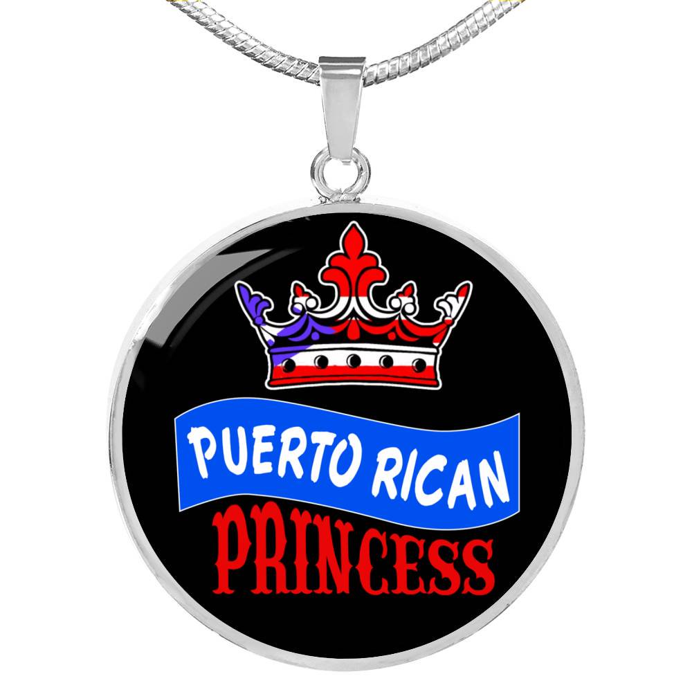 Puerto Rican Princess Circle Pendant Necklace Stainless Steel 24 Inch Chain Silver Tone or Gold Tone