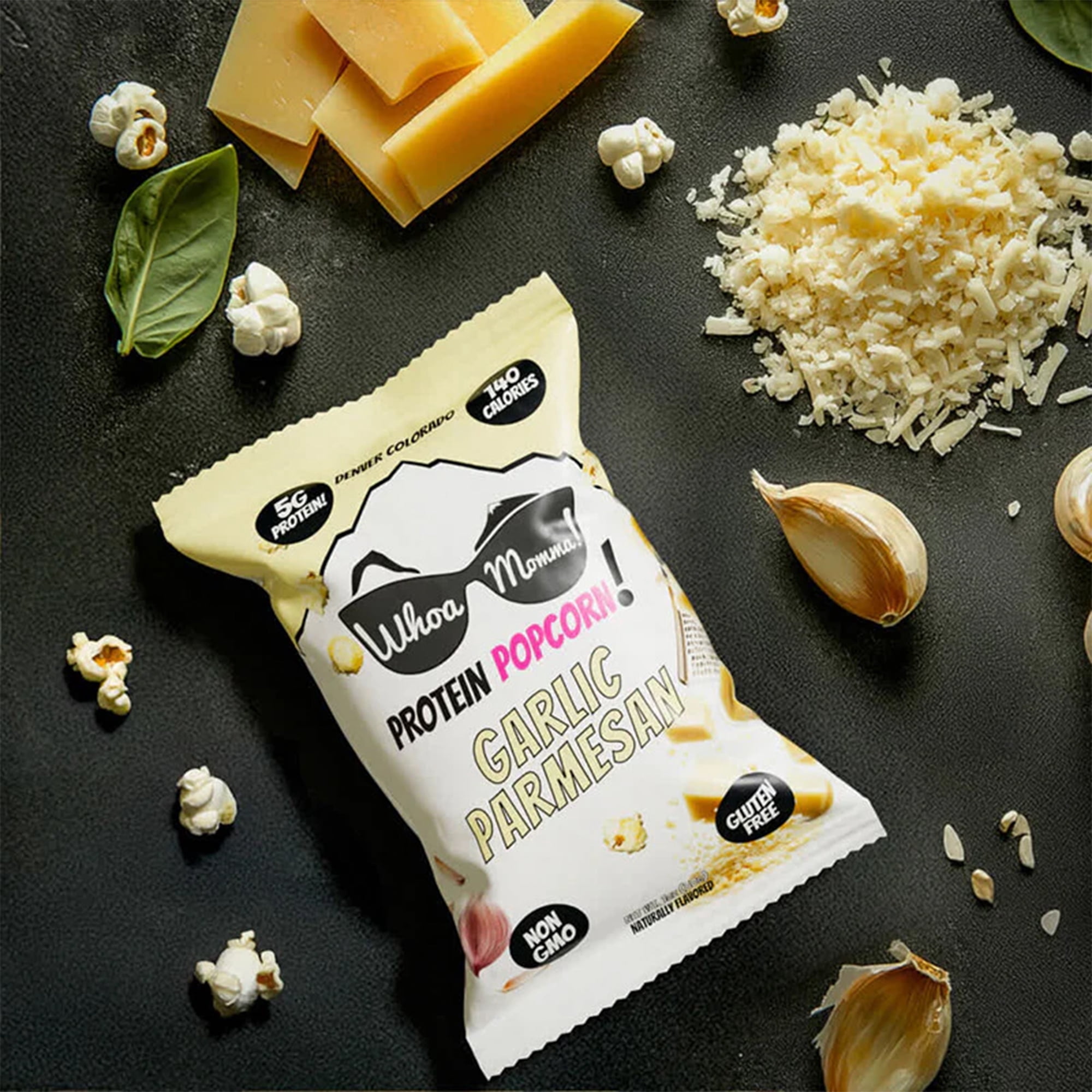 Whoa Momma! Protein Popcorn Garlic Parmesan, High Protein, Gluten Free Cheese Popcorn, 12-pack of 1oz Bags