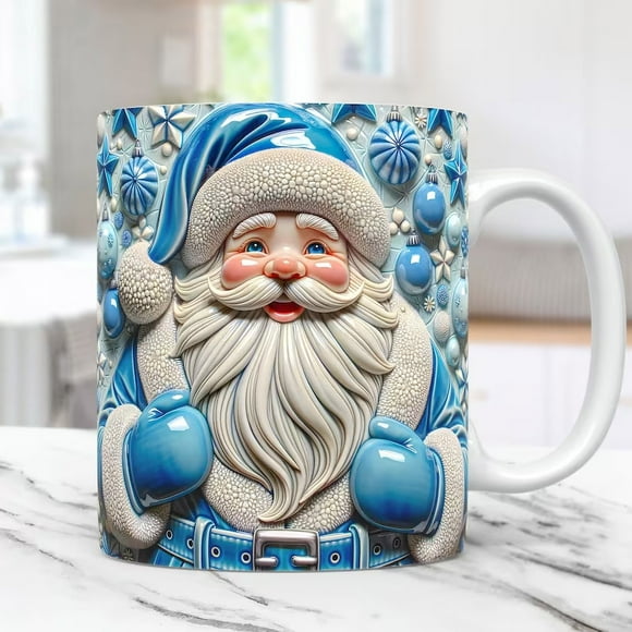 Rvkxad Christmas Santa Press Mug, 11oz Puffy Ceramic Hot Chocolate Cup with Snowman Print, Coffee Mug Holiday Cup Ceramic Cup