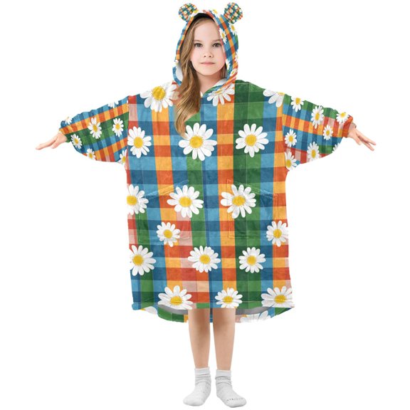 FORMRS Wearable Blanket Hoodie with Sleeves for Kids Cozy Flannel Sweatshirt, Green Checkered Daisy