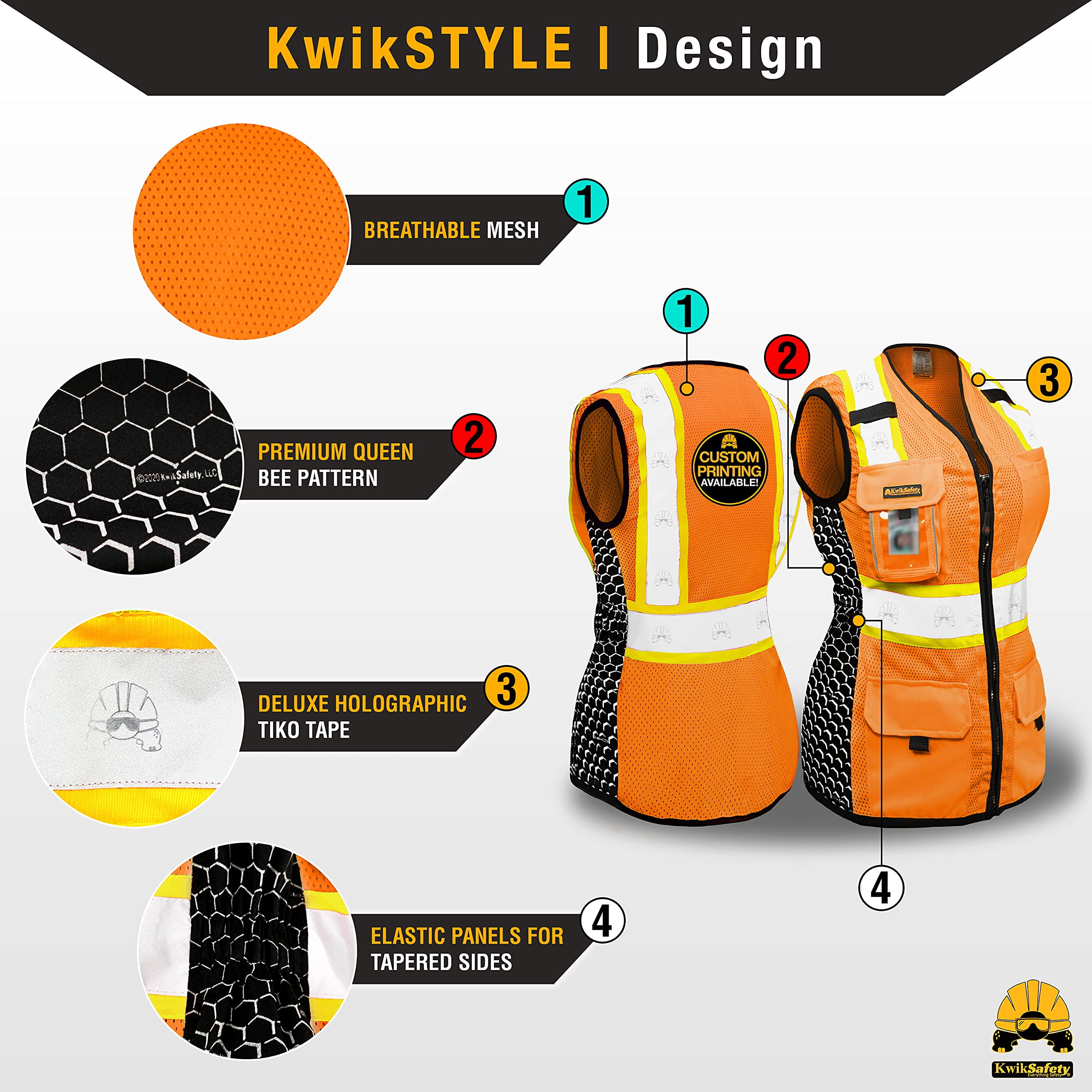 KwikSafety (Charlotte, NC) QUEEN BEE Premium Safety Vest for Women (HONEYCOMB Design) 9 Pockets Class 2 Custom High Visibility ANSI OSHA Reflective Construction Work with Zipper | Orange Large