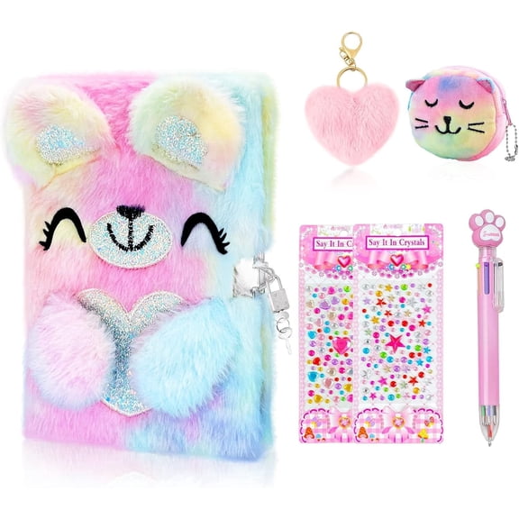 JYPS Bear Diary with Lock and Keys,Journal School Travel Notebook, Writing and Drawing,Plush Secret Diary with Multicolored Pen Stickers Purse Keychain Bracelet
