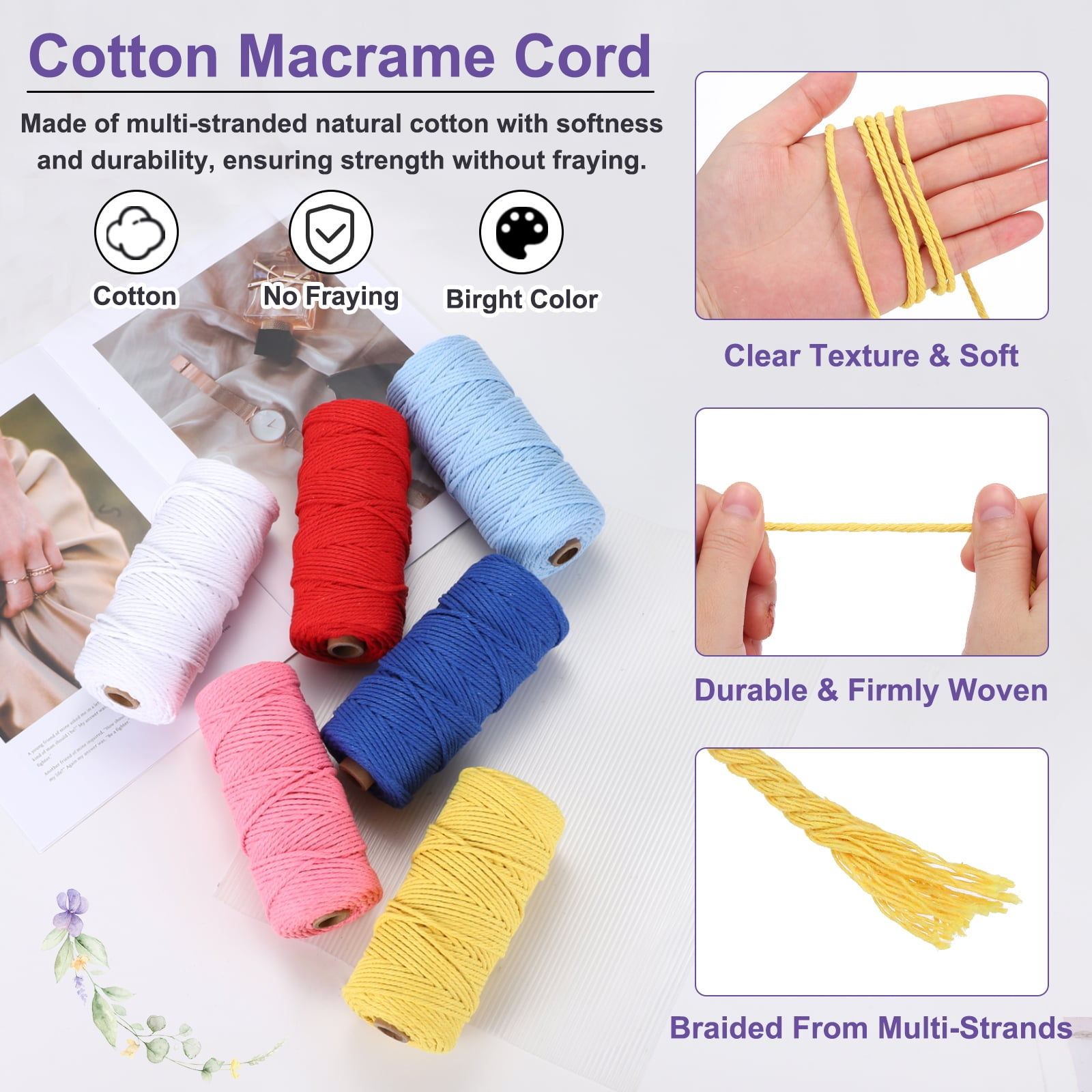 Braided Macrame Cord, 3mm x 109 Yards Natural Cotton Rope Macrame Yarn Bohemia Craft String with Scissors(Yellow)