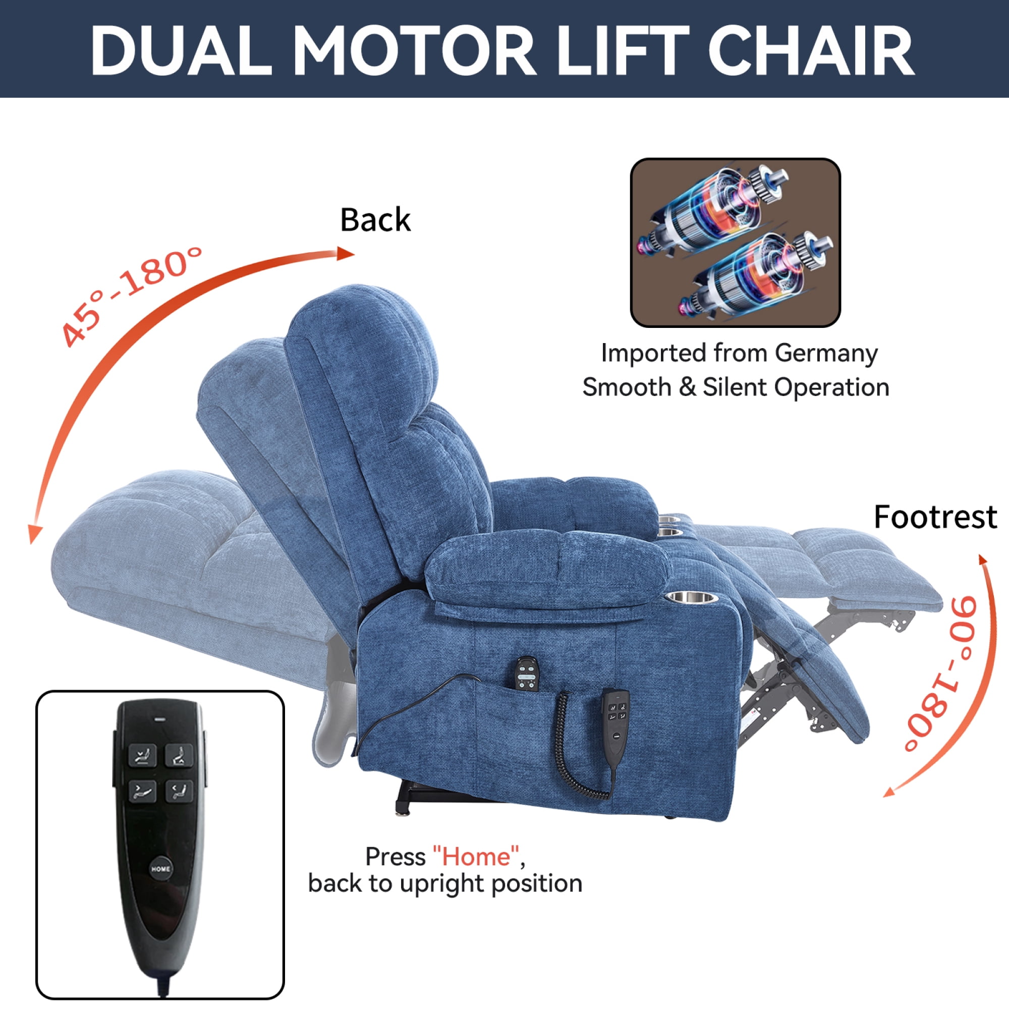 Leumius Power Lift Recliner Chair for Elderly,Heavy Duty Recliner with 8-Point Vibration Massage and Lumbar Heating,Infinite Position,Up to 350 LBS,Blue