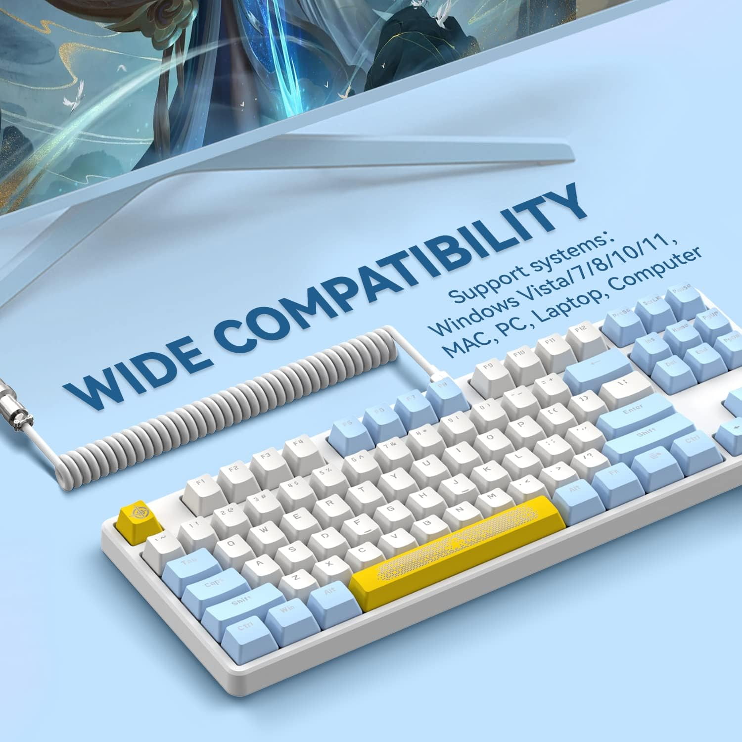 AK873 Gaming Keyboard,Chroma RGB Backlit,Hot-Swappable Blue Switch,PBT Keycap,75% TKL Layout,Ergonomic Mechanical Keyboard with Custom Coiled USB/Type-C Aviation Cable(Blue White)