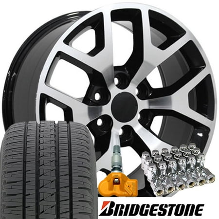 22x9 Wheels, Tires, TPMS and Lugs Fit GMC Chevy Trucks and SUVs - GMC Sierra 1500 Style Black w/Mach'd Face Rims -