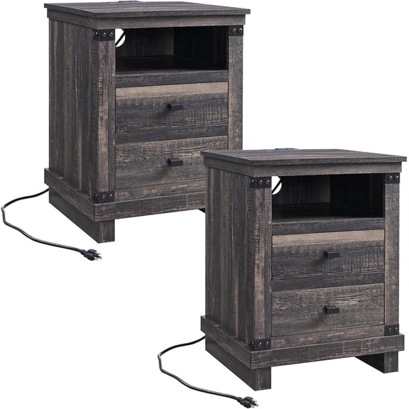RedLemon Farmhouse Nightstand Set of 2 with Charging Station, 18" Rustic Night Stand with 2 Storage Drawers, Wood End Table for Bedroom, Living Room, Dark Rustic Oak