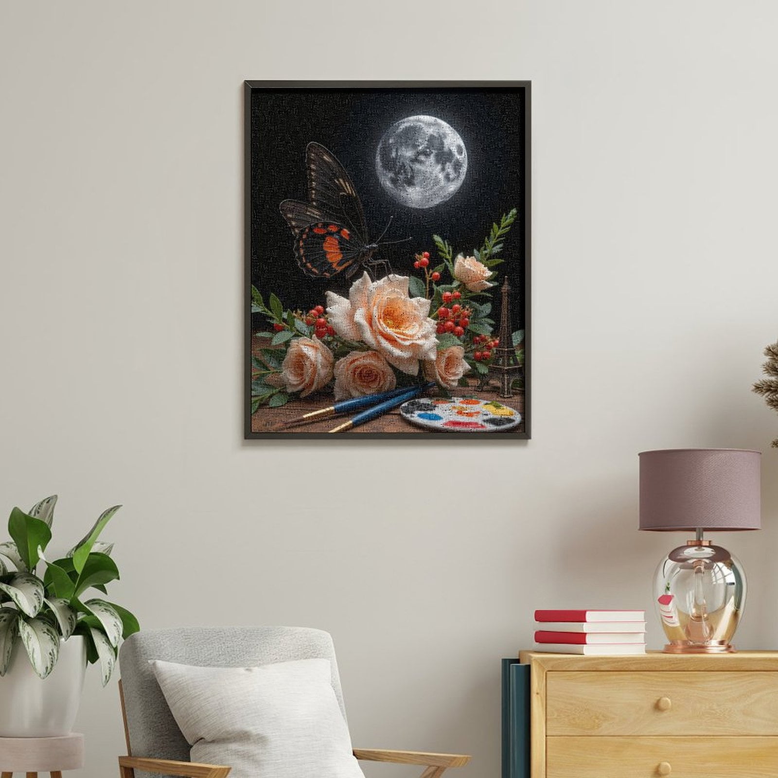 Paint By Numbers Kit for Adults Beginner - Moonlit Butterfly Rose Eiffel Art DIY Canvas Painting Kits for Adults, Frameless Paint By Number for Adults for Home Wall Decor 16x20 Inch