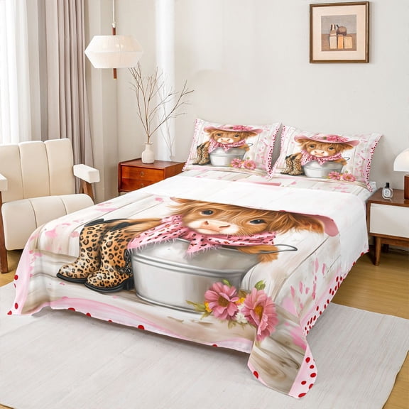 Homewish Teenagers Floral Animal Highland Cow Twin Sheet Sets 3pcs,Western Cowgirl Twin Fitted Sheet Microfiber,Leopard Print Boots Hat Breathable Flat Sheet,Vinatge Cabin Breathable Home Decor