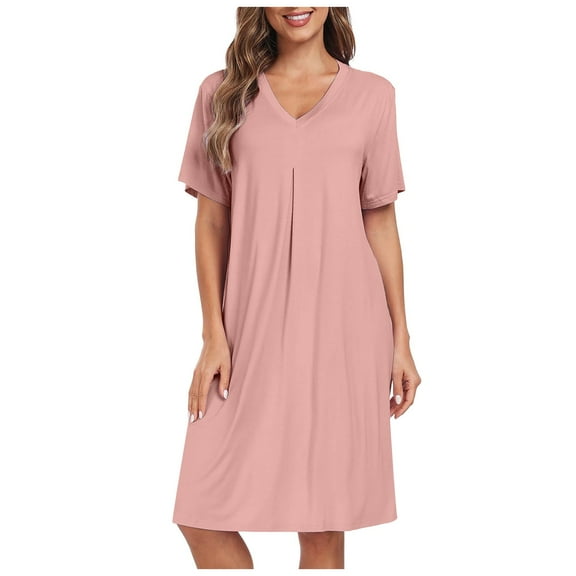 Ujnder Women's Modal Cotton Nightgown V Neck Pleated Long Sleep Dress Loose Fit Pink L