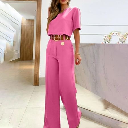 Xdegoge Womens 2 Piece Sets Blazer Outfits Short Sleeve Crewneck Crop Dress Shirt formal Business Casual Matching Clothes High Waisted Button Pleated Wide Leg Pants 2025 Dressy Casual Office Set