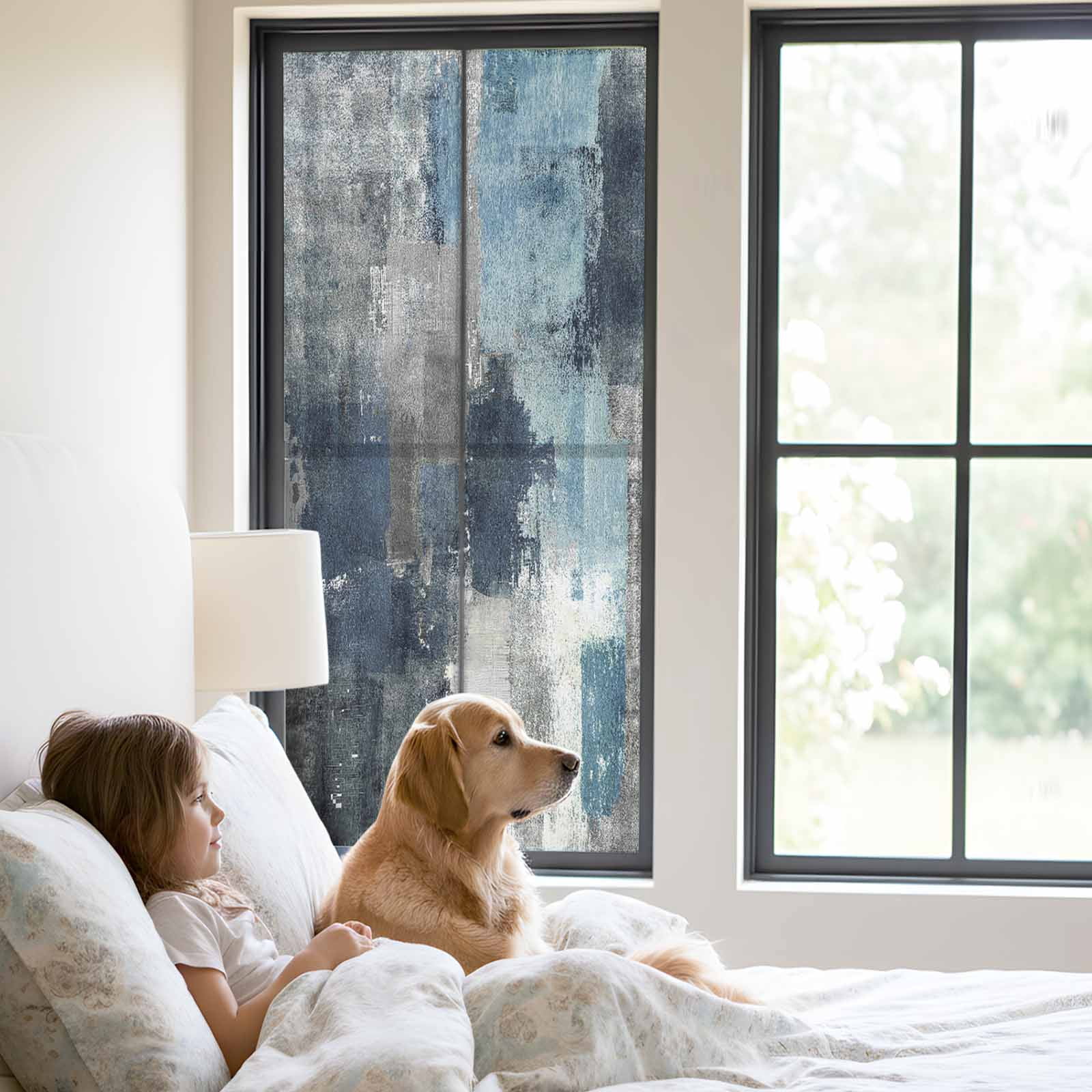 Navy Blue Grey Privacy Window Film, Decorative Frosted Glass Window Film, Modern Oil Painted Abstract Art Aesthetics Reusable Peel and Stick Static Cling for Home Bathroom Office Glass Door 23.6"x59"