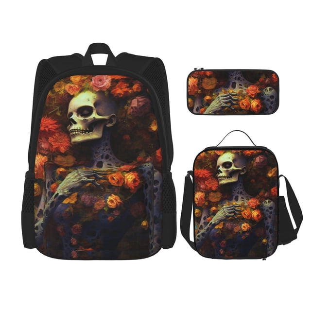 Fotbe Vintage Floral Skull Set Escolar 3 en 1 para Niños - Mochila Duradera con Lonchera Aislante y Estuche para Lápices - Mochila Escolar para Niños y Niñas