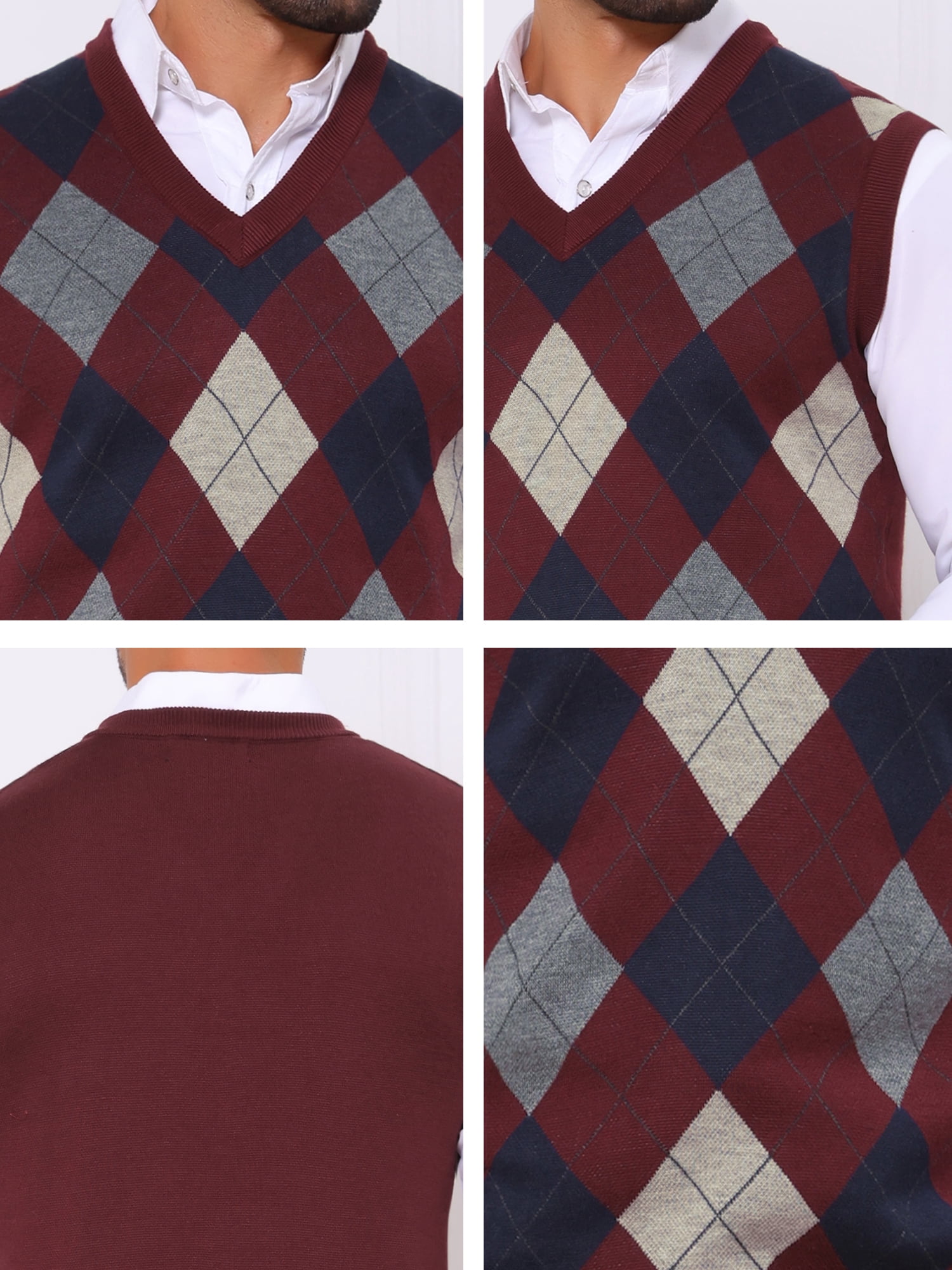 DARING DIVA Men's Casual Knit Sleeveless V-Neck Plaid Argyle Sweater Vest L Burgundy