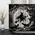 thumbnail image 2 of Spooky Halloween Shower Curtain Gothic Black Gray Halloween Witch Broom Horror Bat Ghost Full Moon Happy Halloween Night View Bathroom Decor Fabric Curtain with Hooks, 2 of 3