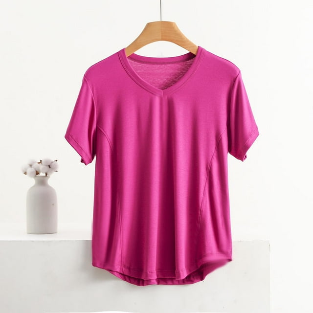 Pijama de manga corta para mujer, color liso, manga corta, camiseta fina, pijama de manga corta, blusa de poliéster