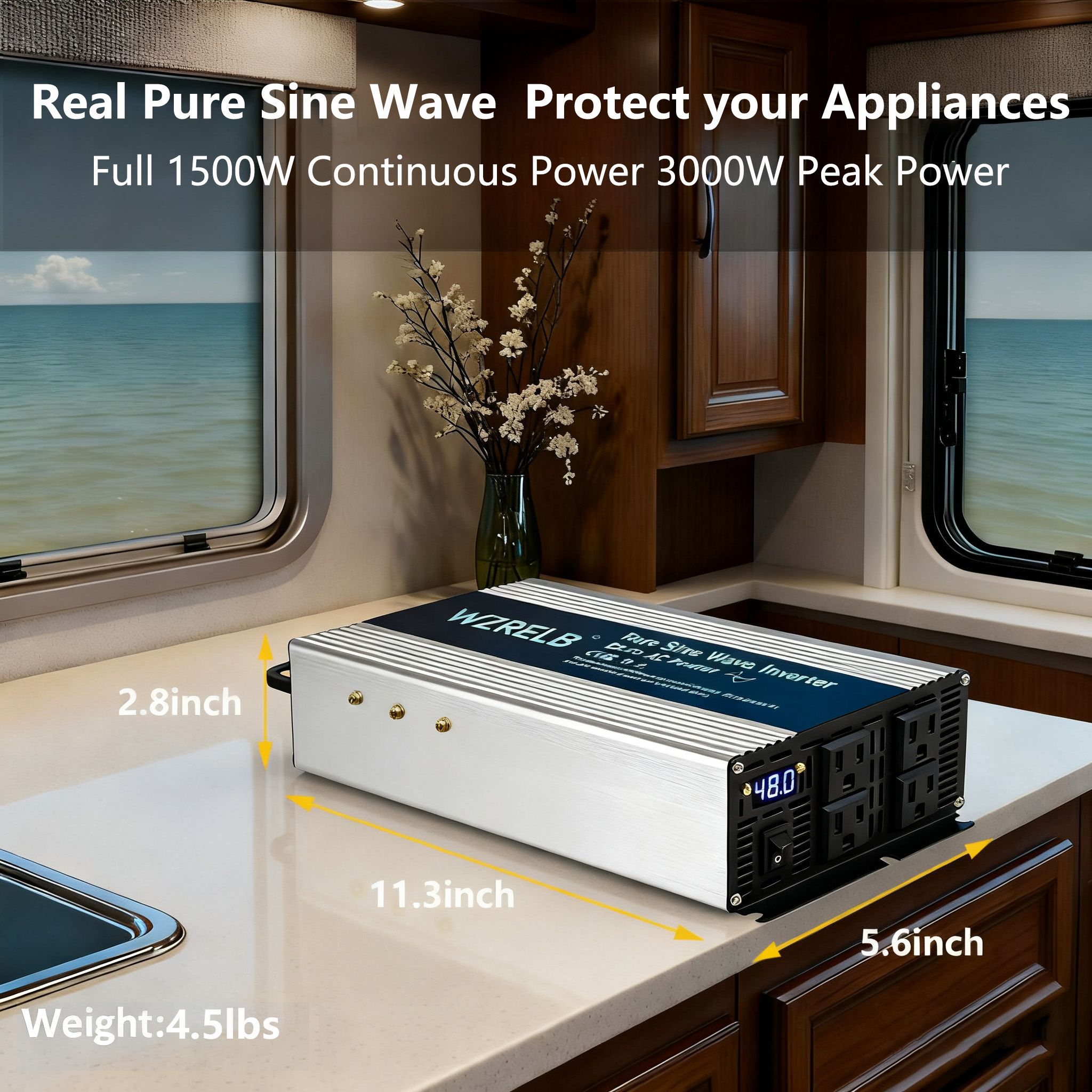 WZRELB 1500W Pure Sine Wave Inverter 48V DC to 110V 120V AC Power Converter with LED Display, Off-Grid Portable Power Inverter with 4 AC Outlets for Home, RV, Truck, Camping
