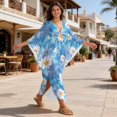 thumbnail image 4 of Xixirimido Daisy Floral Blue Tie-dye Print Women Kaftan Dresses Plus Size Beach Cover Up Deep V-Neck Batwing Sleeves Swimsuit Coverups Summer Caftan Dress, 4 of 7