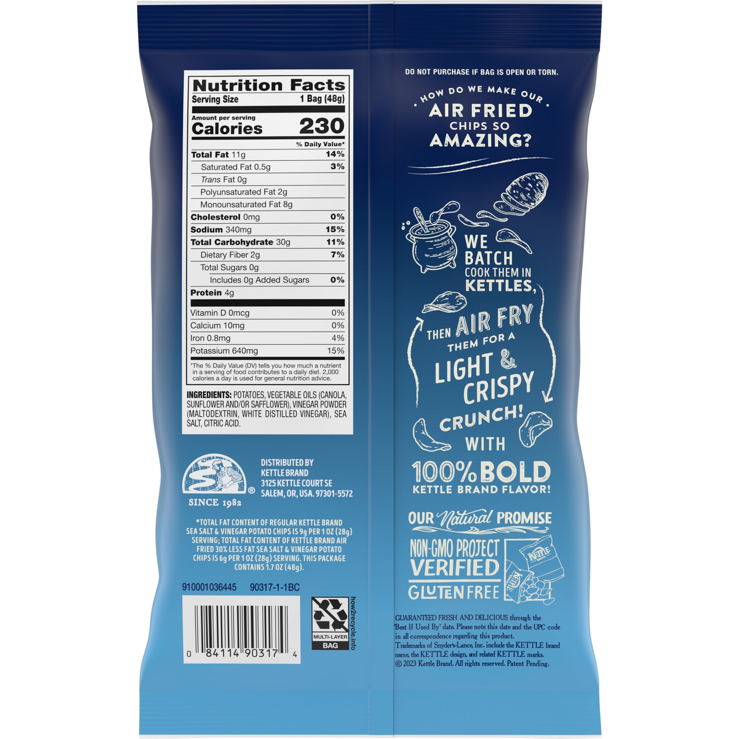 Kettle Brand Potato Chips, Air Fried Sea Salt and Vinegar Kettle Chips, 1.7 Oz Snack Bag