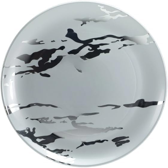 EcoQuality 8 inch White Plastic Round Salad Plate Silver Marble Design – Elegant Disposable Dinnerware for Weddings, Parties, and Events – Durable, Stylish, Reusable Tableware (10)