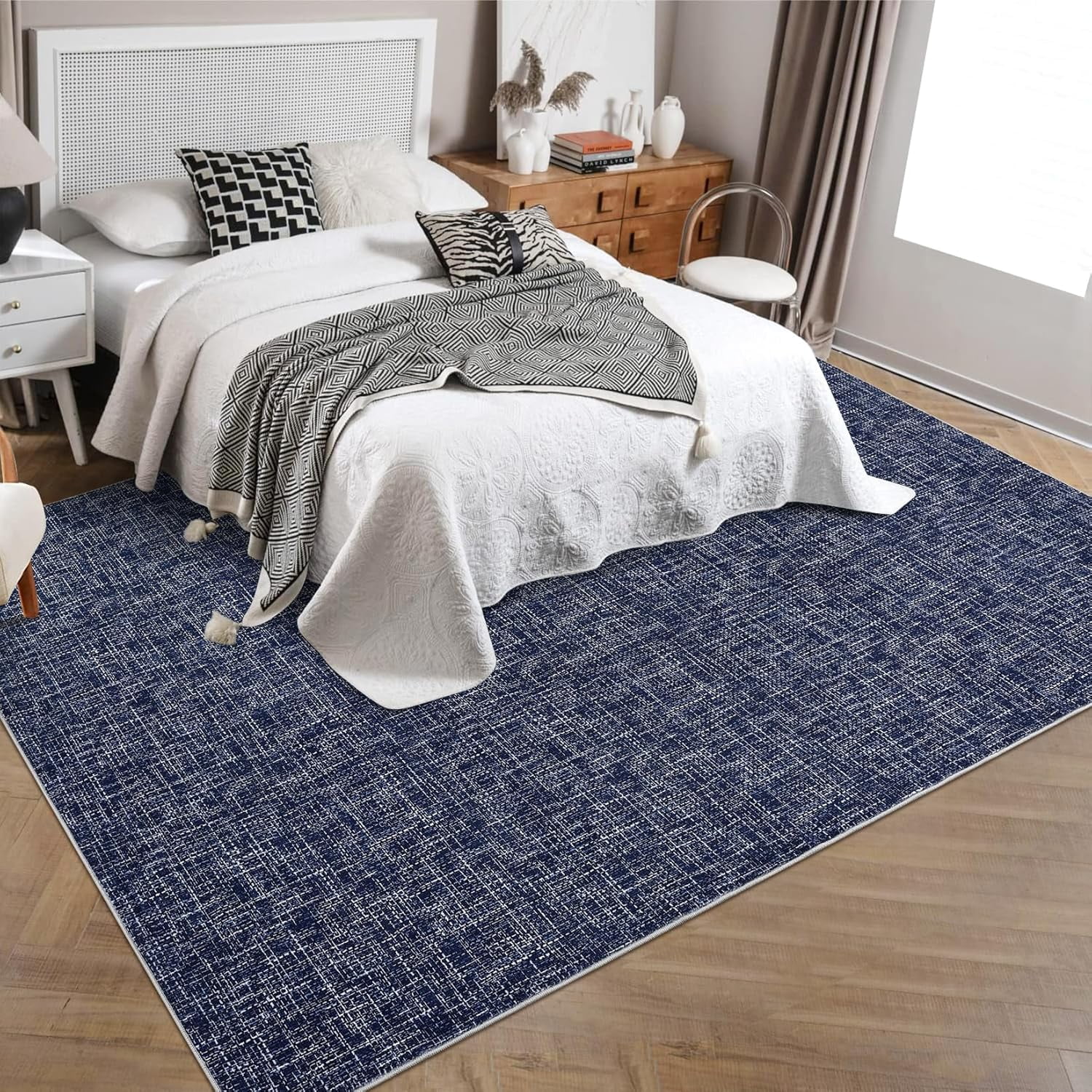10x13 Washable Rug, Modern Abstract, Non-Slip, Large, Stain Resistant, Contemporary Rug, Aesthetic Accent, Floor Carpet, Foldable, Solid, Blue.