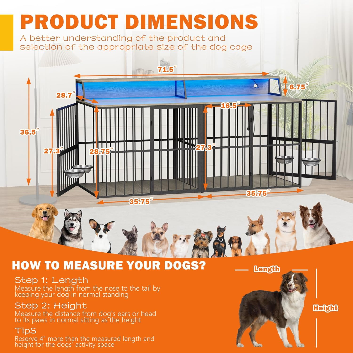 Haverchair 72" Double Dog Crate Furniture with LED Light and Power Outlets, Heavy Duty Wooden Dog Crate TV Stand with Storage Rack, Dog Kennel Indoor Furniture with Rotating Bowls for Large Dogs
