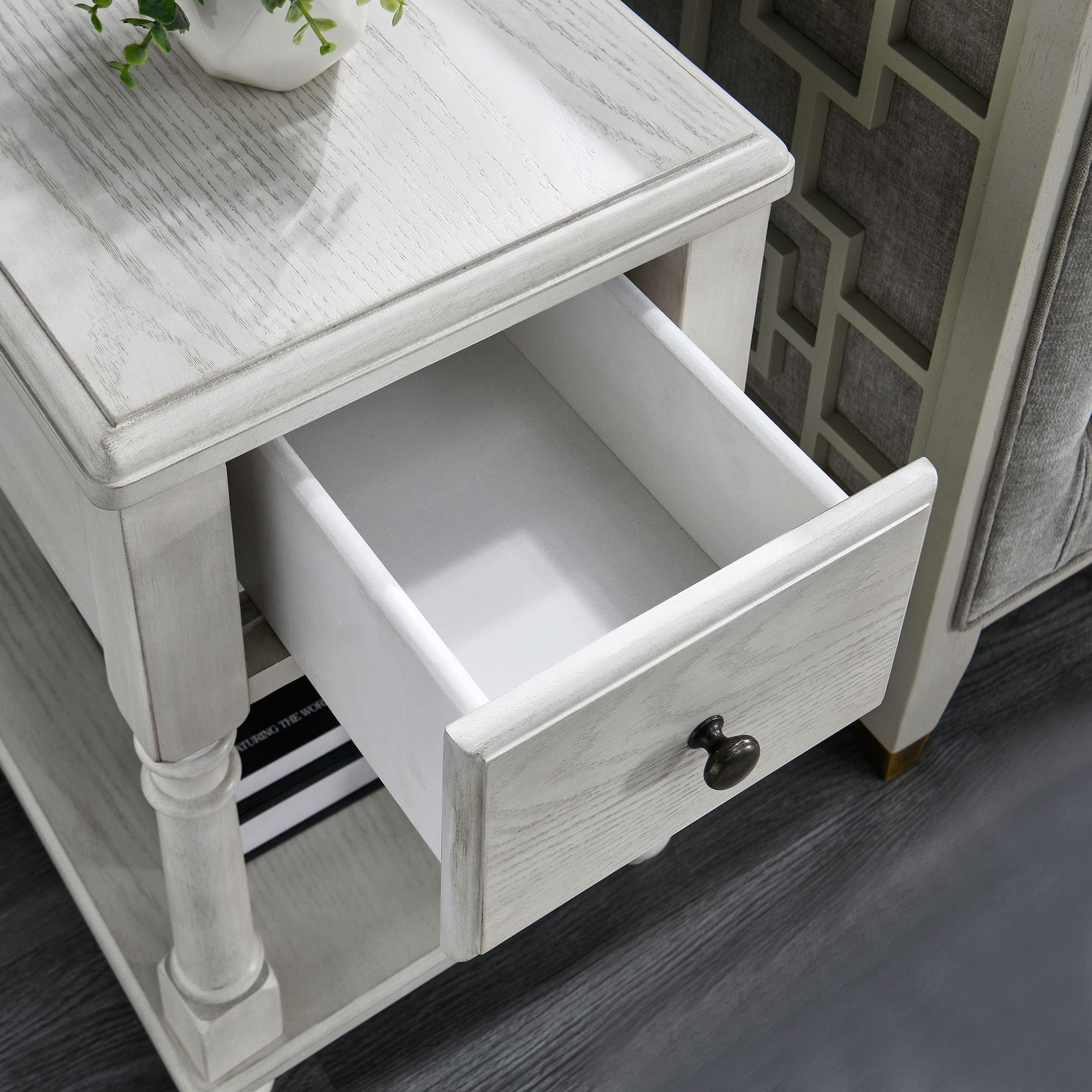 JESONVID Narrow Open End Table with Drawer, Solid Wood Side Table 2-Tier Skinny Table with Storage Shelves Slim Nightstand Small Sofa End Table for Living Room Bedroom，Antique White