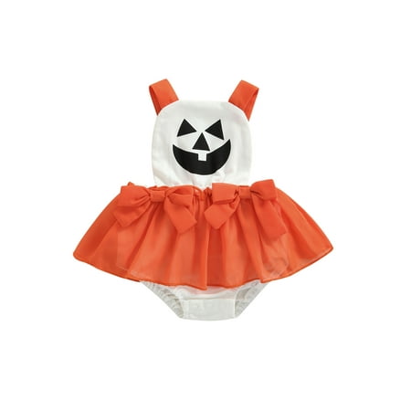 

EYIIYE Newborn Baby Girl Halloween Pattern Printed Sleeveless Square Neck Patchwork Halter Tutu Romper Dress 0-18 Months