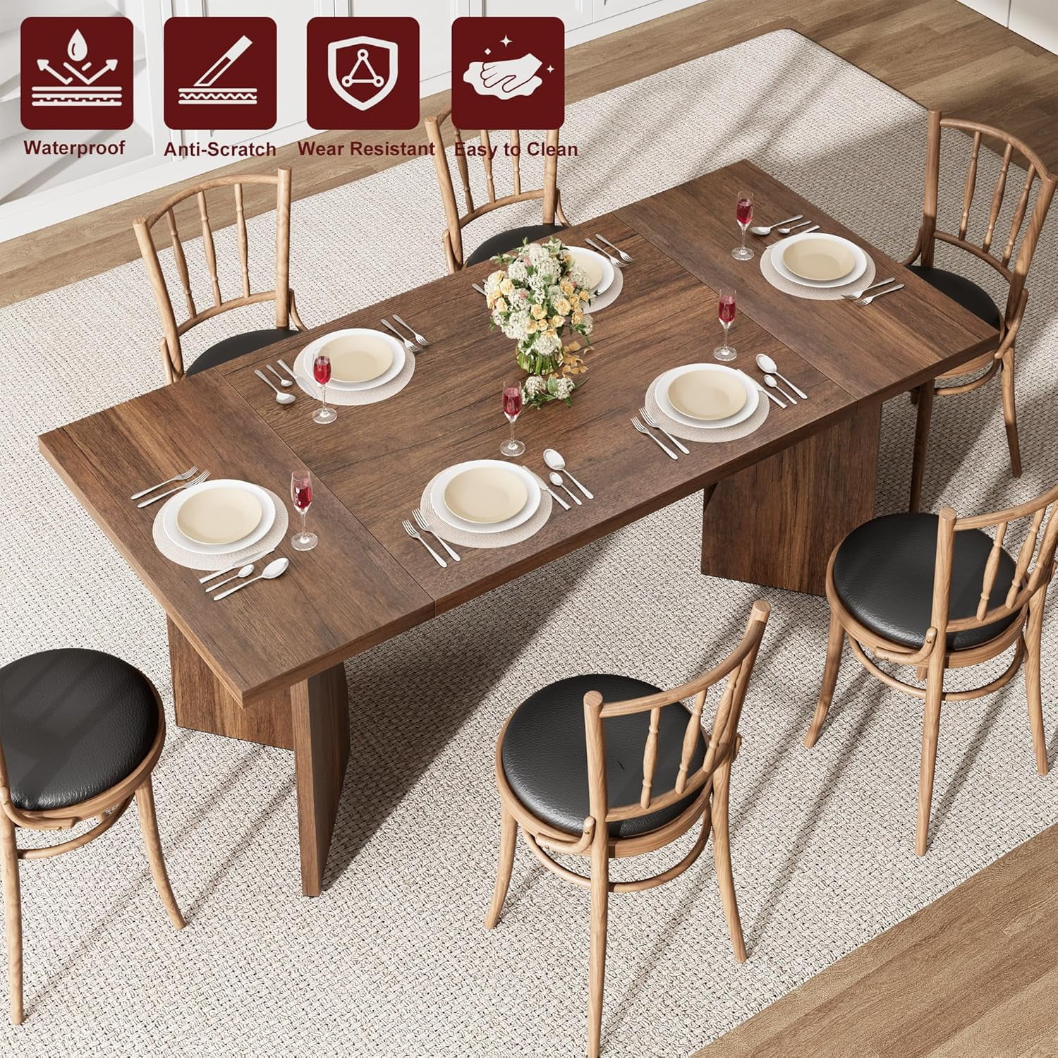 M optimized Dining Room Table for 6 People, 71" Rectangular Kitchen Table with Sturdy Frame, Thickened Long Tabledesk and Dinner Desk for Party, Big Family, V-Shape Leg