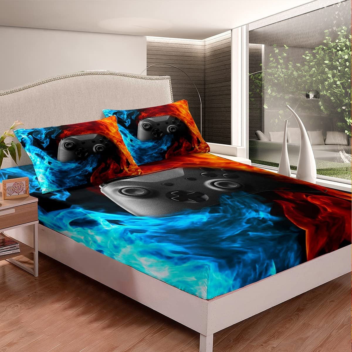 Boys Gaming Bedding Fitted Sheet Console Game Gamepad Bed Sheet Set for Kids Girls Orange Flame