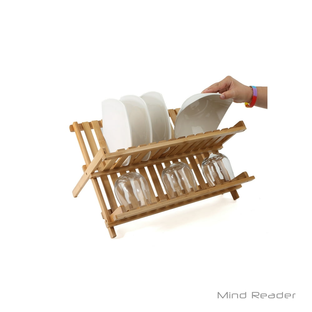 Mind Reader Wooden Dish Rack Plate Rack Collapsible Dish Drying Rack