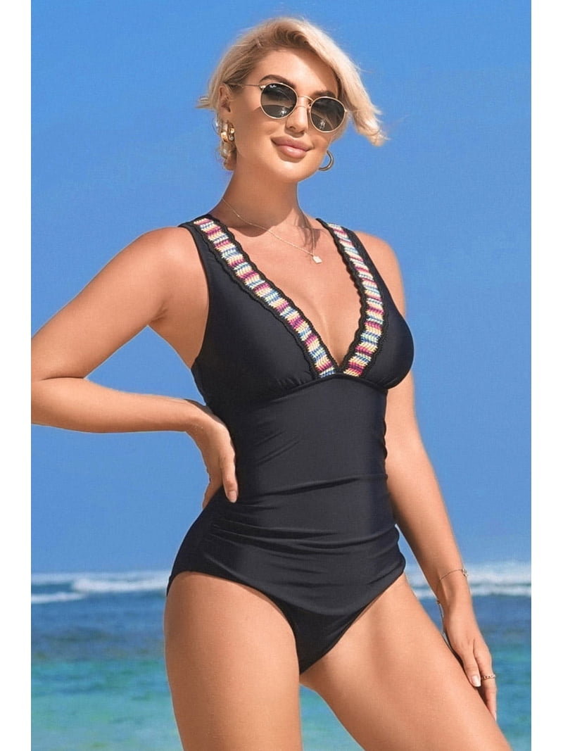 Alove Women Colored Shoulder Strap V Collar Bathing Suit One Piece