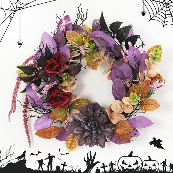 Lumiparty 18" Halloween Wreath for Front Door, Outdoor Indoor Decor for Window, Mantel, Wall, Fireplace Artificial Decorations, Purple