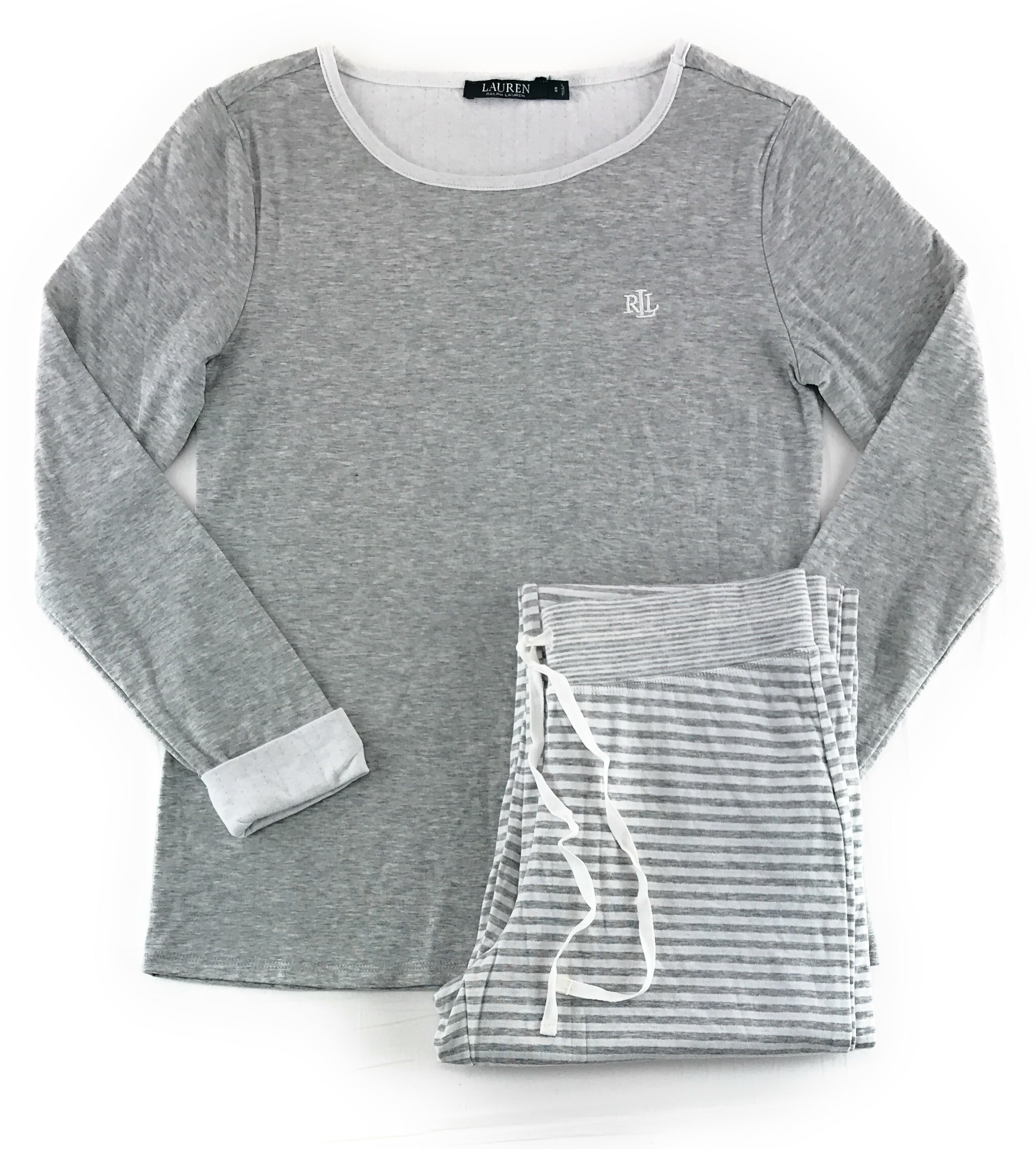Lauren by Ralph Lauren Womens Knit Pajama Set Large Gray White Stripe -  