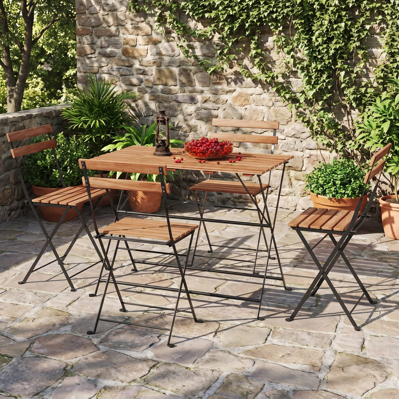 Furnibear 5 Piece Patio Dining Set, Acacia Wood Outdoor Furniture with 4 Folding Chairs and Dining Table for Garden Deck, Black and Brown