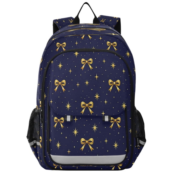 School Backpack for Teens 17L Lightweight Bookbag with Reflective Strips Golden Bowknots Pattern