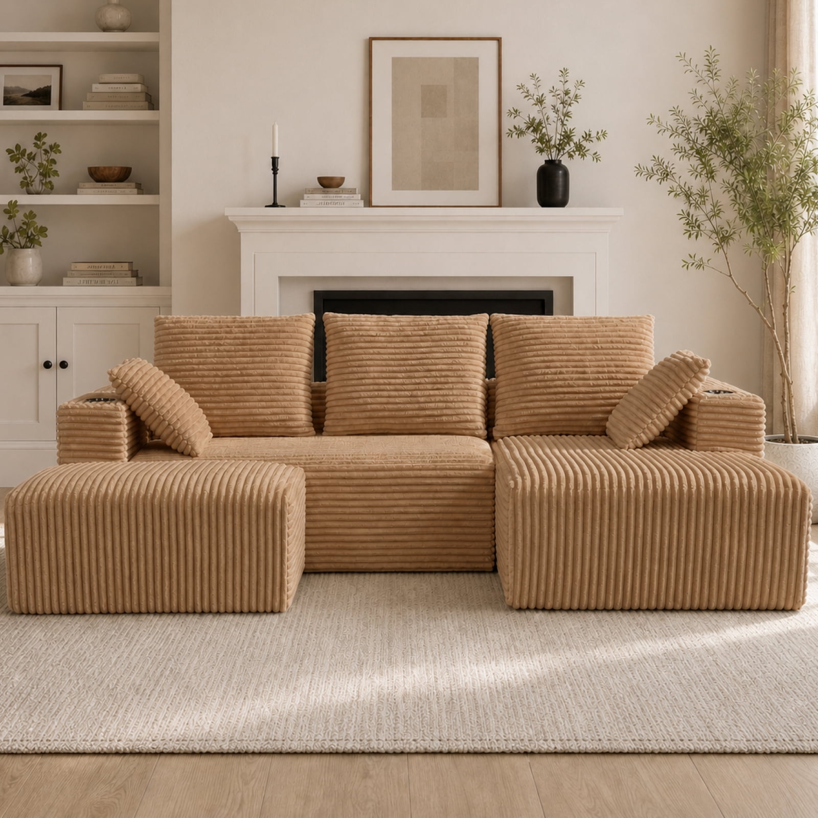 95'' 4 Seater Boneless L Shape Modular Sofa Couch with 4 Pillows, 2 Cup Holders and Ottoman
