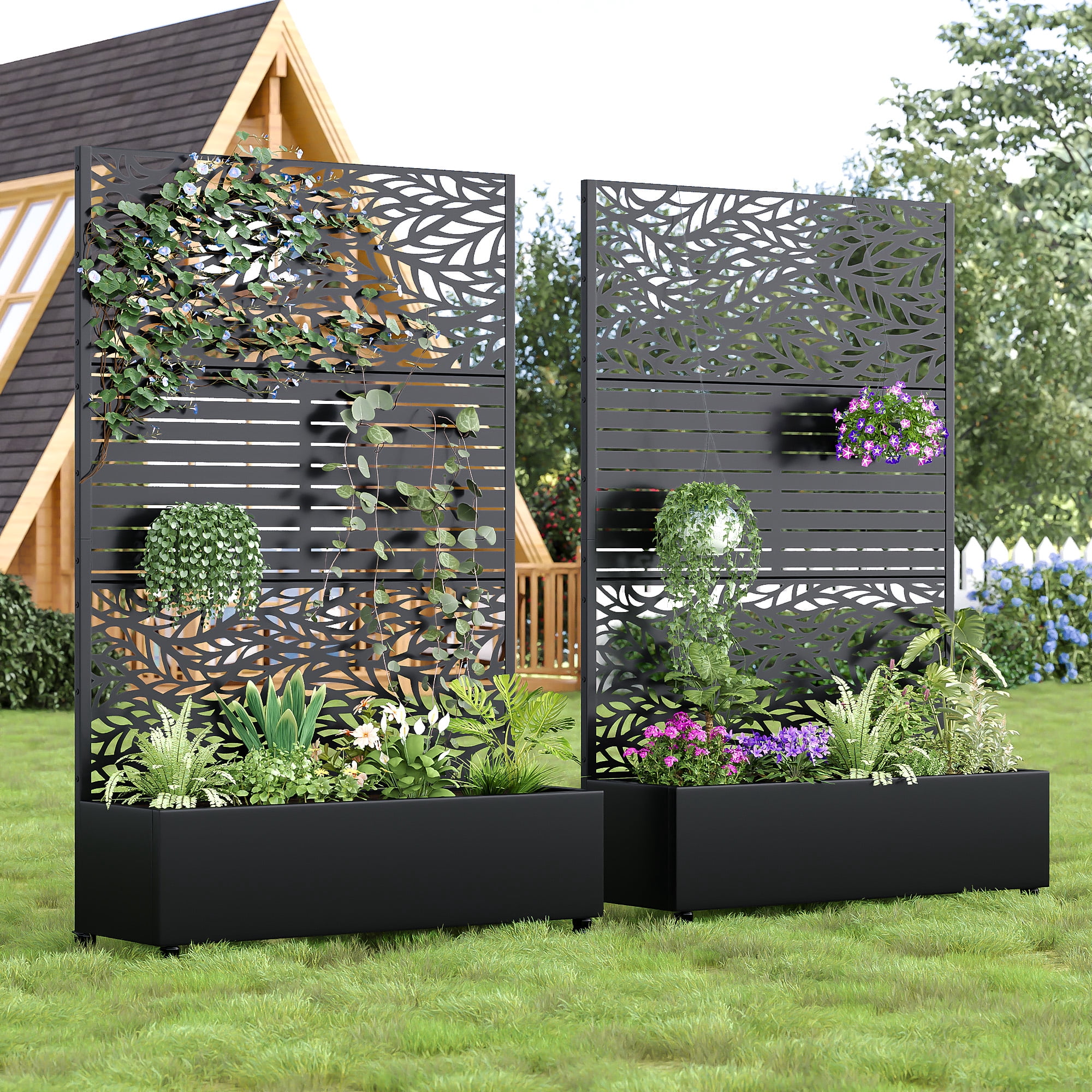 MAYEERTY 2-Set 47*16" Outdoor Black Metal Planter Box with Trellis for Climbing Plants,Leafy & Parallel Pattern