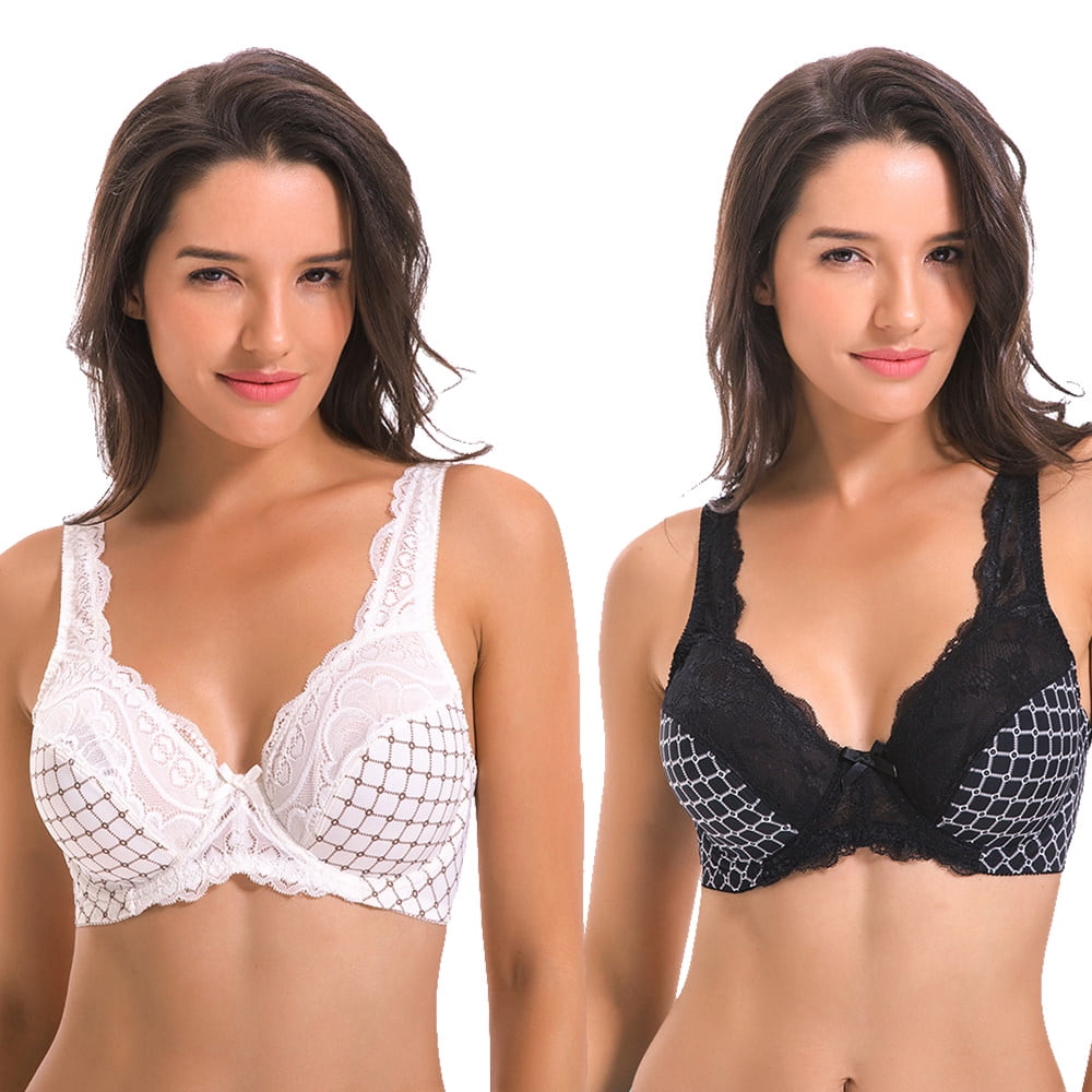 Curve Muse Women's Minimizer Unlined Underwire Bra With Lace Embroidery-2 pack-white-black-38DD 